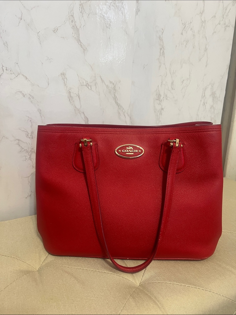 Coach Red Pebbled Leather Tote with Gold Logo